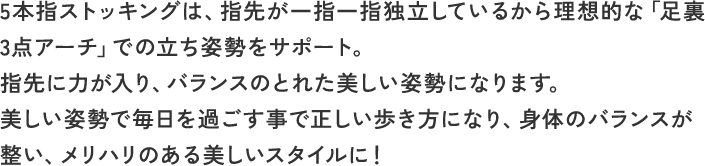 5本指ストッキングは、指先が一指一指独立しているから理想的な「足裏3点アーチ」での立ち姿勢をサポート。指先に力が入り、バランスのとれた美しい姿勢になります。美しい姿勢で毎日を過ごす事で正しい歩き方になり、身体のバランスが整い、メリハリのある美しいスタイルに！